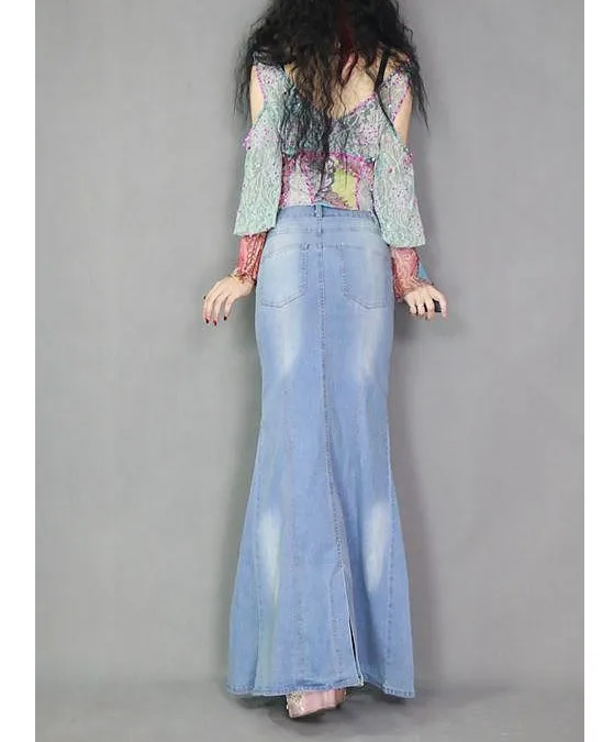 Fashion forår, efterår kvinder er Cool fish tail casual nederdele med høj talje lange maxi nederdele kvindelige blå denim jeans nederdel, lange nederdele 2