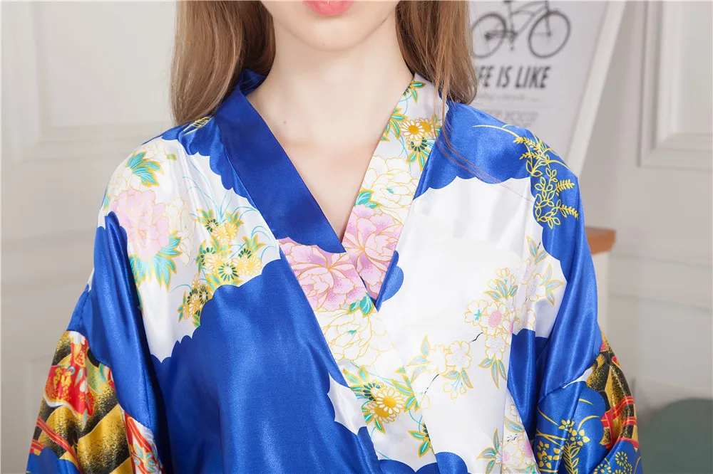 Nyhed Trykt Lang Stil Kvinders Kimono Kjole Vintage Trykt Natkjole Morgenkåbe Satin Nattøj Slåbrok One Size M05 2