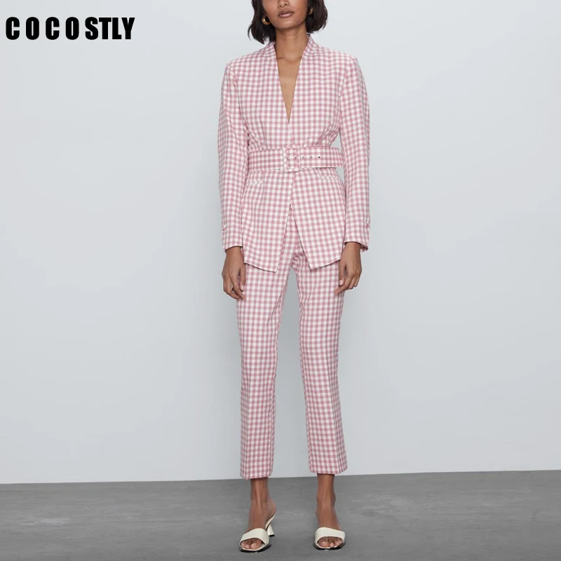 2020 Pink Vintage Plaid Bukser, Der Passer Kvinder Sexy-V-Hals Bælte Blazer Jakke Frakke+Nødblus Bukser Kvindelige Kontor To Delt Sæt 2