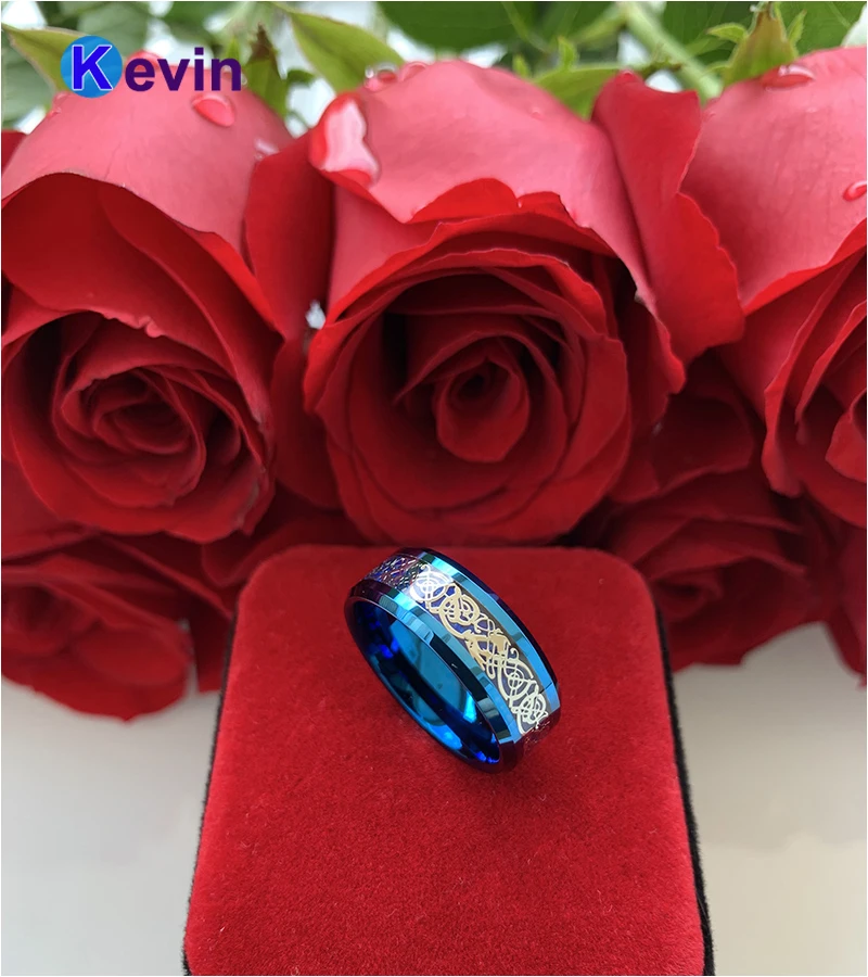 Mænd Kvinder Bryllup Band Blue Wolfram Ring Med Blå Carbon Fiber Og Dragon Indlæg 8MM Comfort Fit 2
