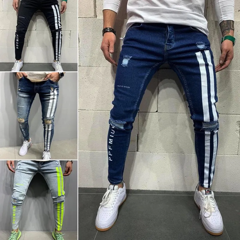 Mænd ' s Tynde slidte Jeans Slim Moto & Biker Blyant Bukser Side Stribe Brev Udskrivning StreetwearJogging Denim Kostume til Mænd 2