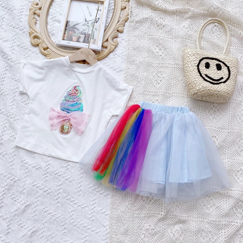 Sommeren Nye Børn Passer Piger Sequined Is Butterfly Kort-Langærmet T-Shirt + Rainbow Nederdel To-Piece Suit Piger Dress 2