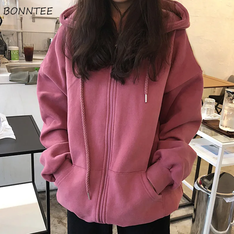 Hættetrøjer Kvinder Populære Fast Fortykkelse Hætteklædte Studerende Par Zip-up Overtøj Korean Style Kvinde Tøj Oversize Smarte Fritid 2