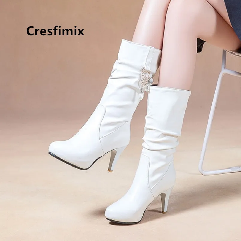 Cresfimix teenager mode sød plus størrelse 34 til 43 efteråret lange støvler kvinder fashion sort pu læder vinterstøvler botas a6026 2