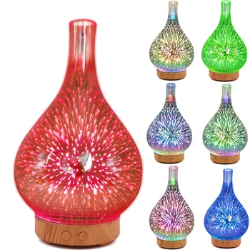 3D Fyrværkeri Glas Vase Form Luft Luftfugter med 7 Farve Led Nat Lys Aroma Æterisk Olie Diffuser Tåge Kaffefaciliteter Ultralyd 0