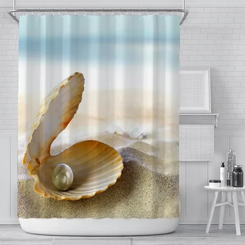 3D Print Strand Skaller badeforhæng Pearl Shell, Vandtæt Badeværelse Gardinerne Med Krogene 180x180cm Polyester Materiale 0