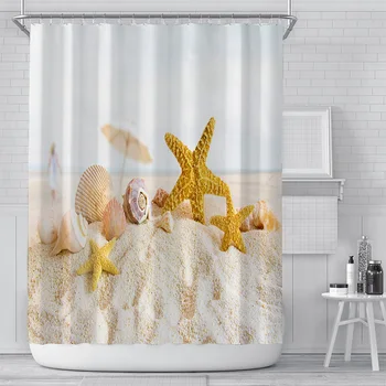 3D Print Strand Skaller badeforhæng Pearl Shell, Vandtæt Badeværelse Gardinerne Med Krogene 180x180cm Polyester Materiale 4