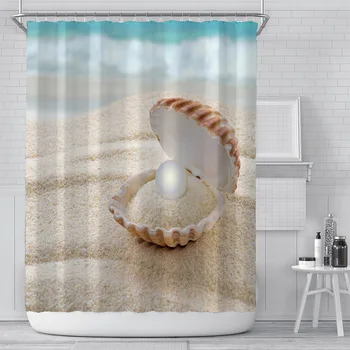 3D Print Strand Skaller badeforhæng Pearl Shell, Vandtæt Badeværelse Gardinerne Med Krogene 180x180cm Polyester Materiale 5