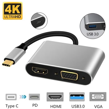 4-I-1 USB-C til HDMI-VGA-Adapter Type C til HDMI 4K VGA-USB3.0 Video Converter PD 60W Hurtig Oplader til Pro Samsung S9 5
