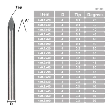 4 mm Skaft 3 Kant Pyramide Gravering Bits Carbide Fræser 20-90gr Tip 0.1,0.2,0.3 mm Router Smule for Træ 3