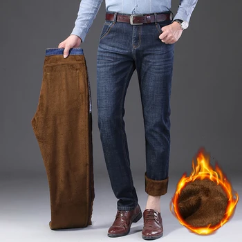 40 42 44 store størrelse til mænd varm jeans straight slim lam hår brun fløjl tyk jeans classic-enkle jeans mænds mærke bukser 2