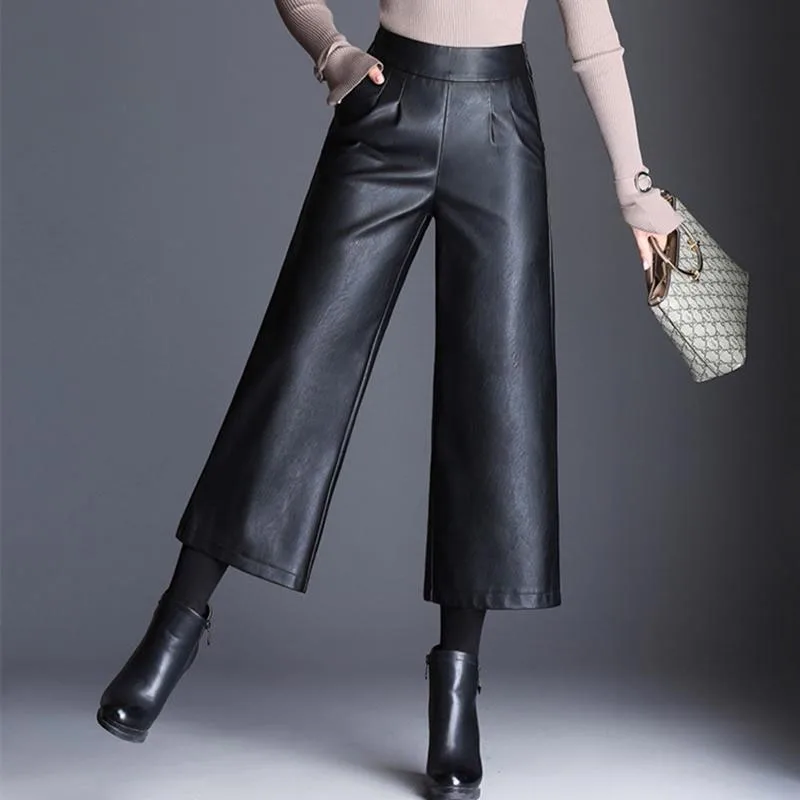 2020 koreanske Bukser Plus Size Høj Talje Pu Bred Ben, Ankel-længde Bukser Kvinder Baggy Sort Skinnende Imiteret Læder Dame Løse Bukser 3