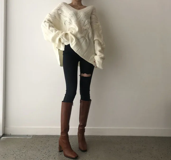 YAMDI løs strikket oversize vintage 2020 forår vinter sweater kvinder koreanske søde solid kvinde elegante pullover jumper tyk ny 3