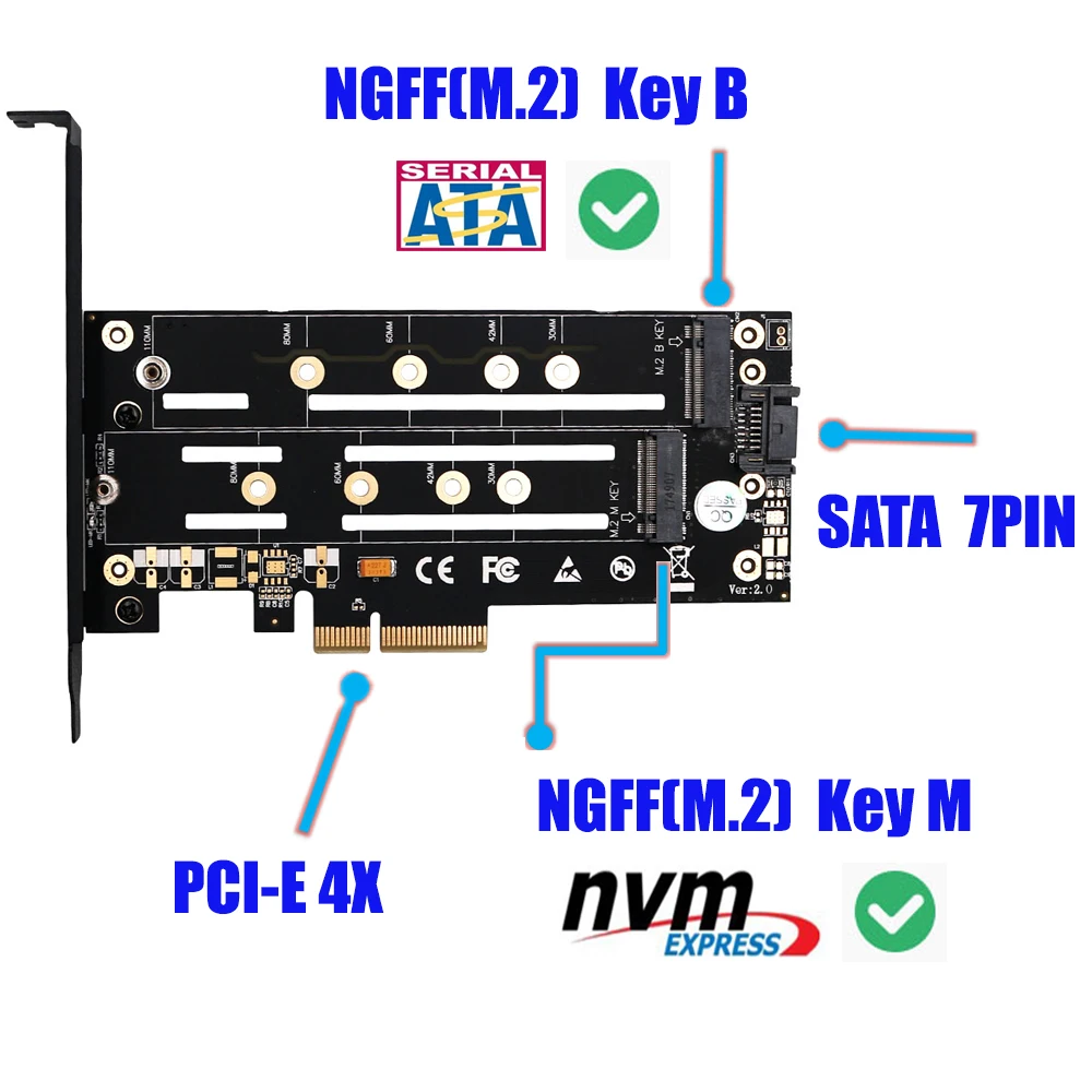 M. 2 for NVMe NGFF SSD for AT PCI-E X4 3.0 Adapter M-Tasten B-TASTEN Dobbelt Interface Riser Card PCIE3.0 w/ Metal Beslag & Varmeafleder 3