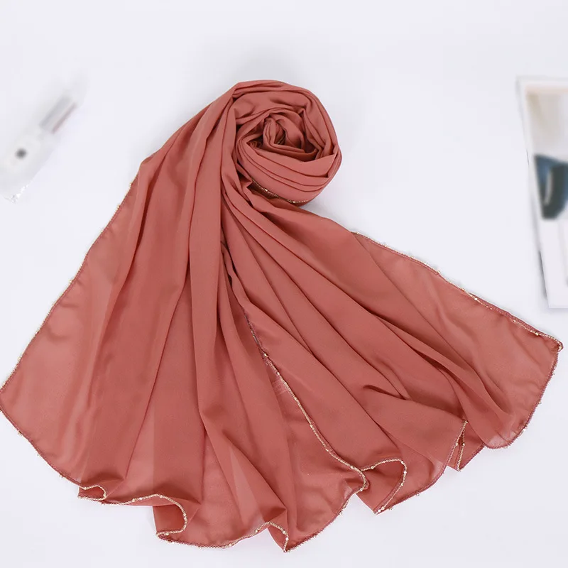 1 Stk Almindeligt Guld Perler Kæde Boble Chiffon Instant Hijab Eller Tørklæde Damer Wrap Sjaler Muslimske Hovedbøjle Mode Maxi Islamiske Sjaal 3