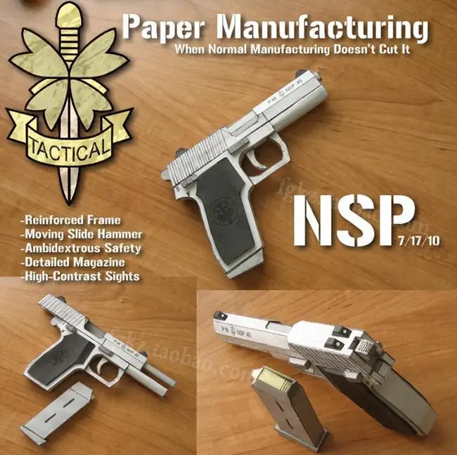 NSP Pistol Fin Struktur-Model Skala 1: 1 DIY Håndlavet Papir Model Pistol Toy Afslappet Puslespil Dekoration 3