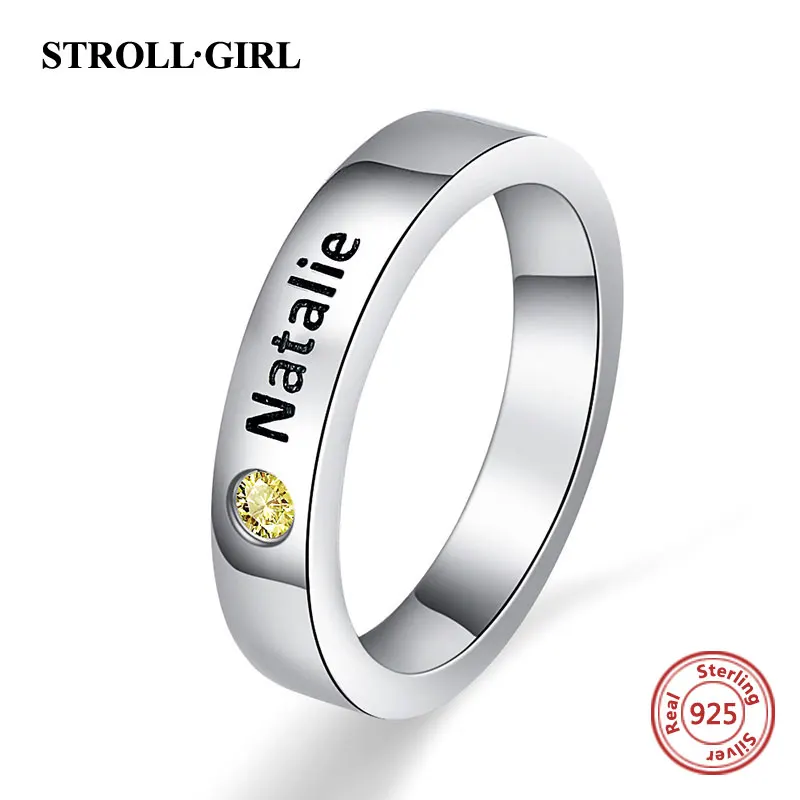 Strollgirl 925 Sterling Sølv Indgraveret Mors Stabelbare Navn Ring med Birthstone Personlig Sterling Sølv Smykker 3