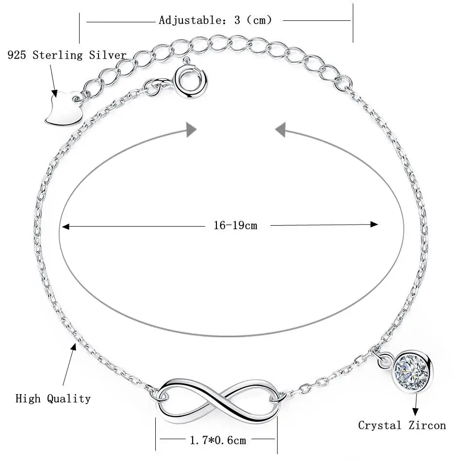 Mode 925 Sterling Sølv Krystal Zircon Infinity Armbånd Justerbar Kæde Armbånd til Kvinder Bryllup Smykker Gave 3