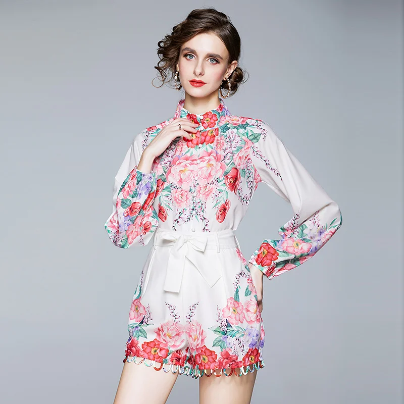 2020 Efterår Mode Elegant Blomster Print langærmet Skjorte + Høj Talje Lace-up Bred Ben Shorts To-delt Sæt Leisure Suit Kvinder 3