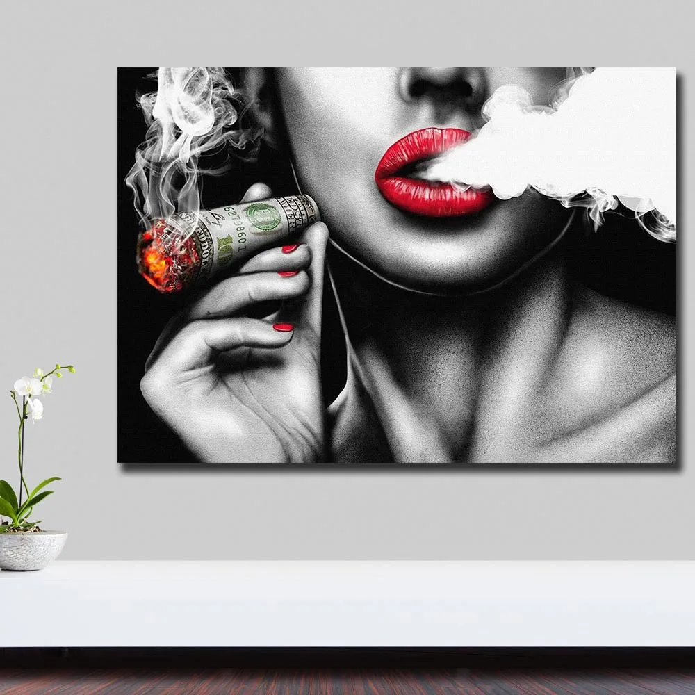 Røde Læbe Penge Sexede Kvinder Olie Maleri på Lærred Plakater Udskriver Affiche Cuadros Væggen Pop Art Billede til stuen Home Decor 3