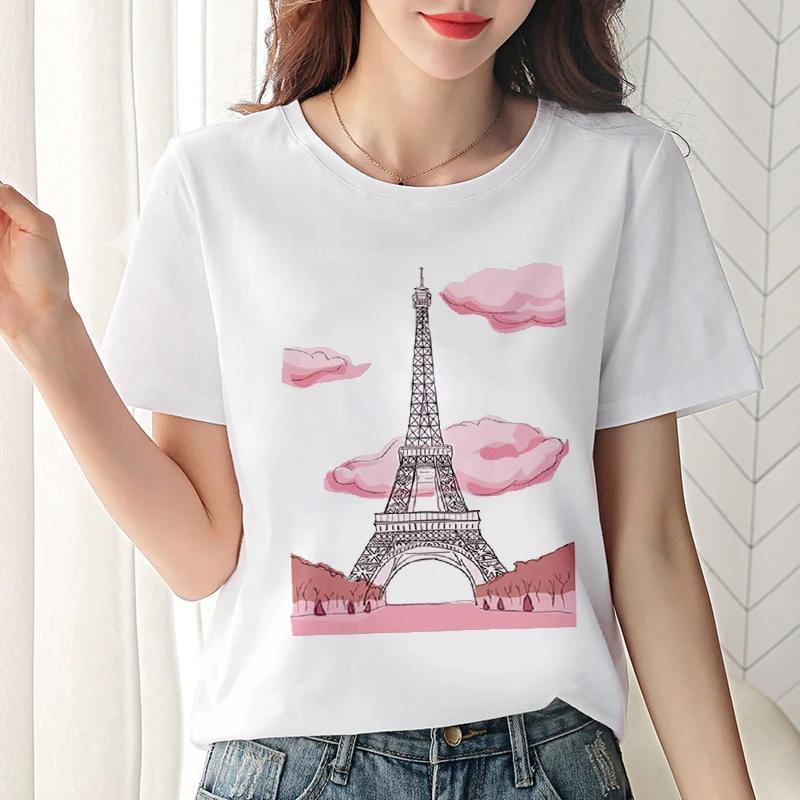 Harajuku T-shirt kvinder 2020 er en ny mode Eiffeltårnet udskrivning Tshirt Fritid kortærmet sommer stil T-shirt kvinde tøj 3