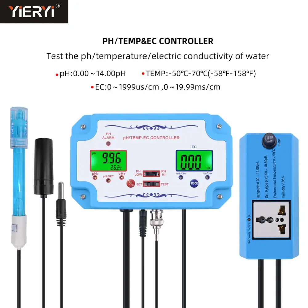 Yieryi Online 3 i 1 pH/EC/TEMP Vand Kvalitet Detektor PH Controller Med Relæ Stik Repleaceable Elektrode BNC-Type Sonde 3