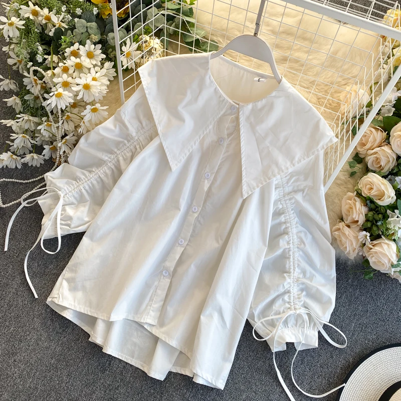 2020 Foråret Nye koreanske Løs Skjorte Bluse Kvinders Design Niche Snor Plisserede Puff Ærmer Stor Tur Down Krave Top ML768 3