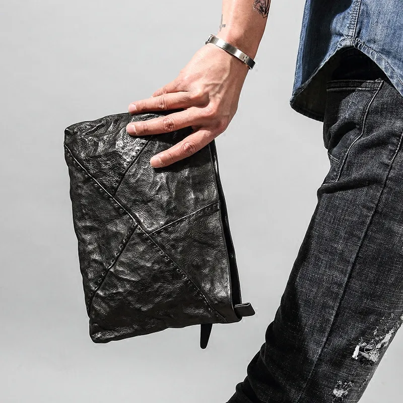 PNDME mode ægte læder syning mænds kobling taske retro design naturlige ægte koskind stor kapacitet teens kuvert taske 3