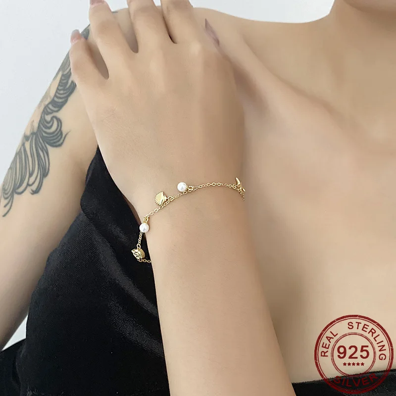 925 Sterling Sølv Shell Søstjerner Pearl Conch Ocean Element Charme Armbånd Hånd Smykker til Kvinder Guld Farve Tilbehør 3