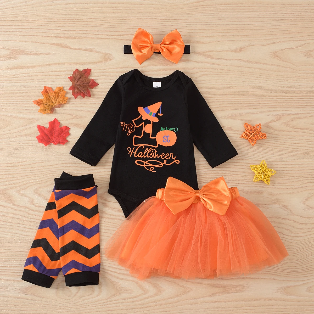 2020 Baby Pige Halloween Outfits Brev Print Sparkedragt+Pailletter Bue +Chiffon Tutu Nederdel+benvarmere+ Pandebånd Tøj Sæt 4stk 3