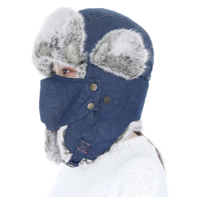 HT3325 Nye Denim russiske Hat, Høj Kvalitet, Varm, Bombefly Hat Mænd Kvinder Vindtæt Vinter Hat med Maske Opbevaring af Trapper Earflap Cap 3