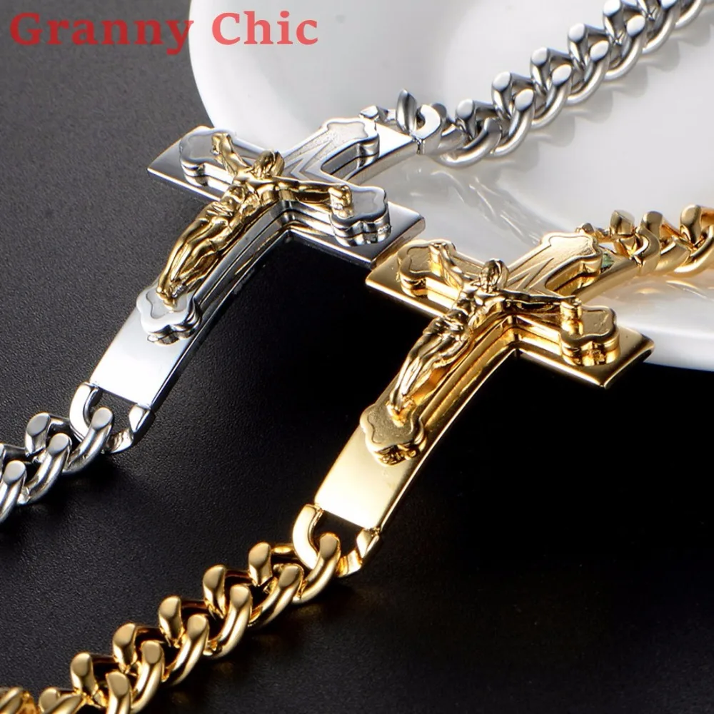 Granny Chic Mode Sølv Guld farve på tværs Jesus armbånd armbånd rustfrit stål herre dame Manchet armbånd bøn Hånd Kæde 3
