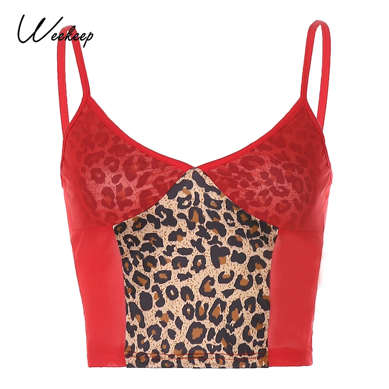 Weekeep Leopard Print Mesh Transparent Sexet Afgrøde Top Til Kvinder Streetwear Retro 90'erne Mode Sommeren Camisole y2k Patchwork Camis 3