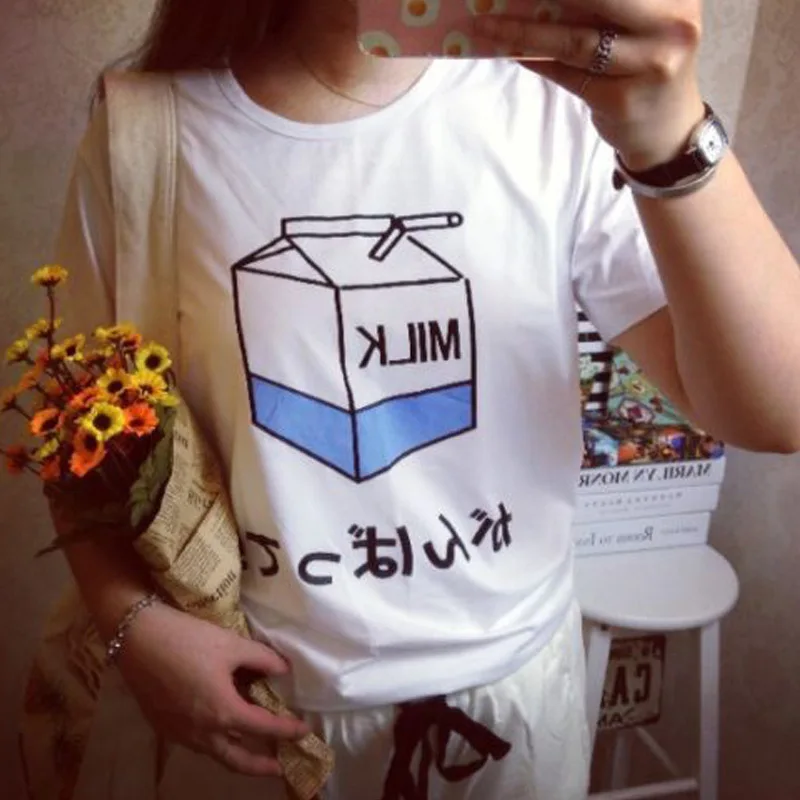 Mælk, Juice Japanses Æstetiske Grunge Søde Tegneserie T-shirt Kvinder Harajuku Kawaii Pink Sommeren Afslappet Tumblr Tøj Fashion T-shirt 3