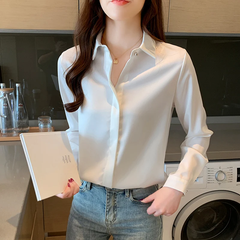 Foråret koreansk Mode Silke Kvinder Bluser Satin Solid Dame Toppe og Bluser Plus Størrelse XXXL Kontor Dame langærmet Shirts Kvinder 3