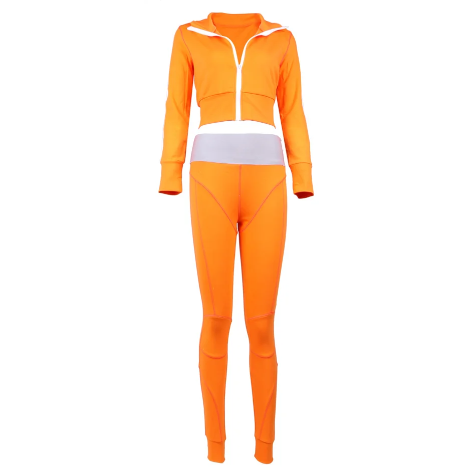 Mode Sved Passer Gymwear Orange Langærmet 2 Stykke Beskåret Jakke-Bukser Sæt Nye Designer 2019 Kvinder Træningsdragt 3