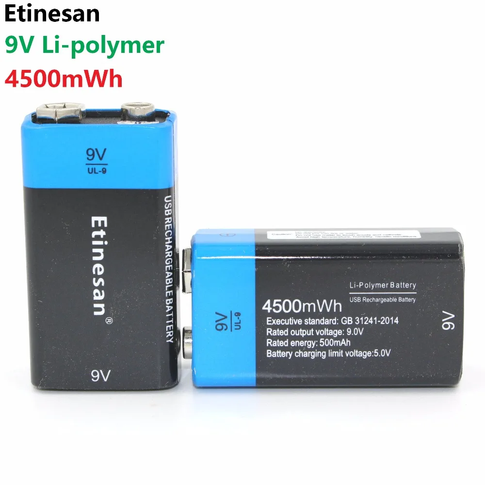 4STK Etinesan 9V 4500mWh lithium-ion li-polymer genopladelige batterier + USB-oplader-kabel-sæt 3