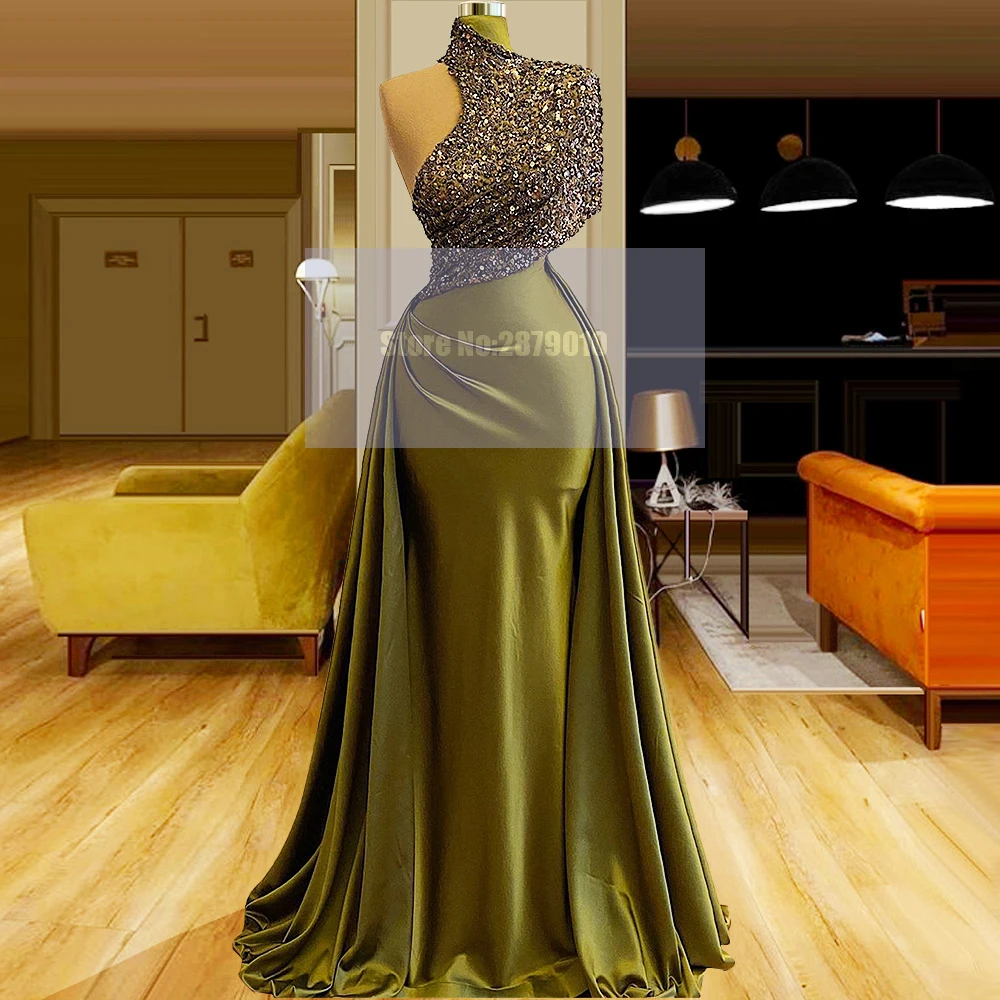 Sprudlende Grøn Høj Hals Havfrue Kjole Til Aften Gulv-Længde Strålende Beaded Pailletter Robe De Soiree Aibye Saudi-Arabien 2020 Dubai 3