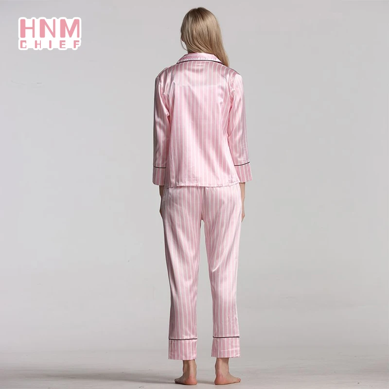 HNM Pink Stribe Print Pyjamas Sæt Silke Satin Homewear Kvinder er 7 Stykker Nattøj Sæt Pyjama Kvinder, Forår, Sommer, Efterår 3