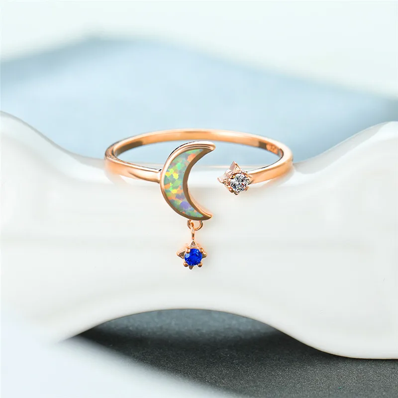 Boho Kvinder Hvid Blå Opal Sten Ring Søde Rose Gold Justerbare Ringe Til Kvinder Minimalistisk Brude-Moon Star Engagement Ring 3