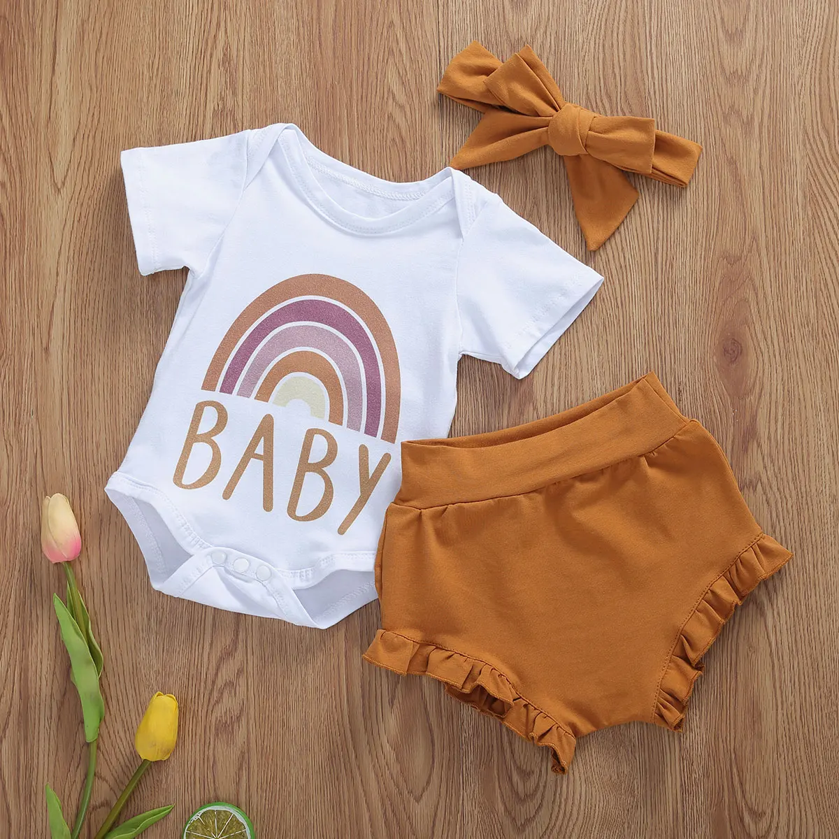 0-18M Nyfødte Spædbarn Baby Piger Drenge Tøj Sæt 3stk Rainbow Print Korte Ærmer Sparkedragt+Shorts Hovedbøjle 3