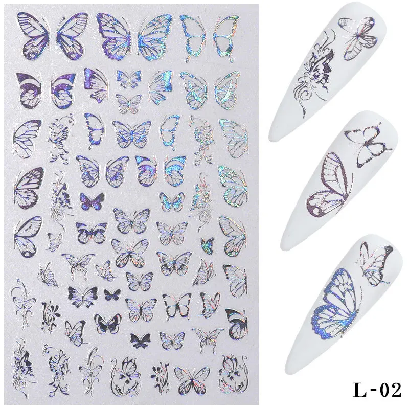 Tilbage Lim Nail Art Laser Guld Sølv Butterfly Nail Art Stickers Selvklæbende Skydere Decals Folier Wraps Dekorationer Manicure 3