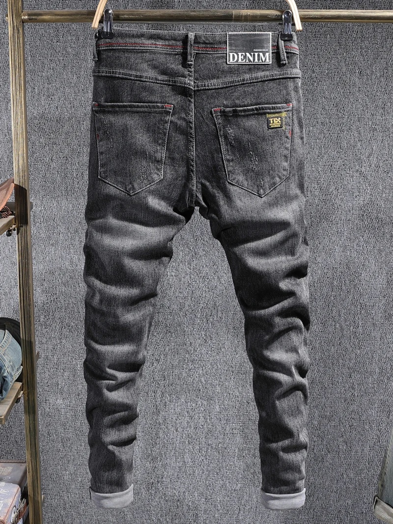 Koreansk Stil, Mode Mænd Jeans Af Høj Kvalitet Sort Grå Slim Fit Elastisk Rippet Denim Blyant Bukser, Vintage Designer Bukser Mandlige 3