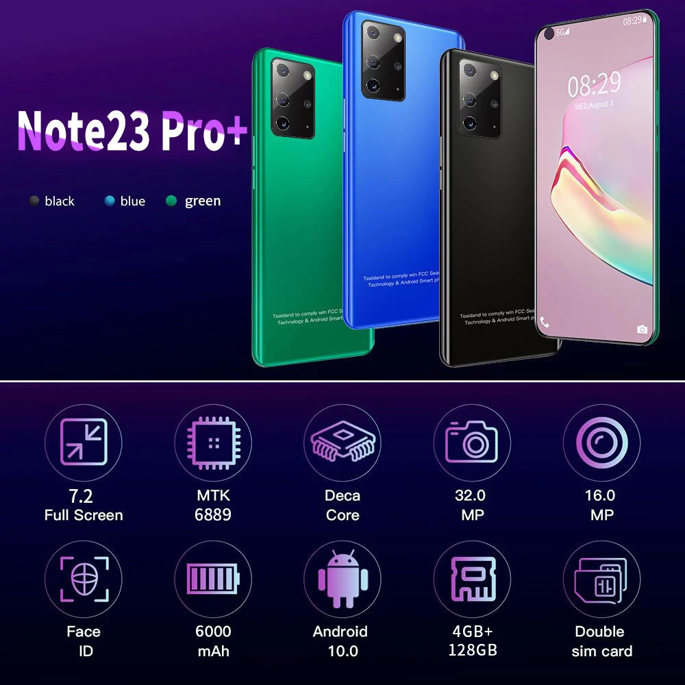 Note23 Pro+ Vand Drop Stor Skærm Smartphone 4+128G Hot Bøje Matteret Glas High-End Ét Stykke Tilbage Dække Dobbelt Kort Dobbelt Stå 3