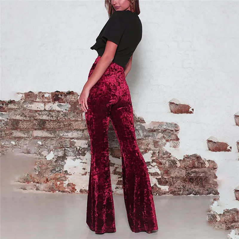 2020 Fashion Kvinder Solid Velvet Blusset Lange Bukser Med Høj Talje Elastisk Bell Bottom Bred Ben Grundlæggende Bukser Pantalones 3