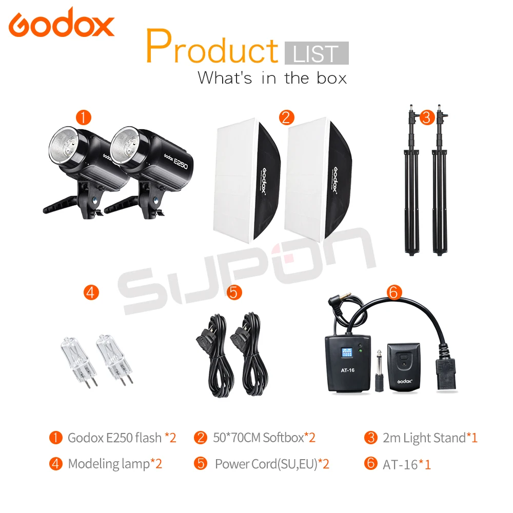 Godox 2x E250 Studio Foto Tilbehør Flash Belysning Kit Med Godox PÅ-16 Udløse + 2x Softbox 50x70cm + 2x lys stå 3