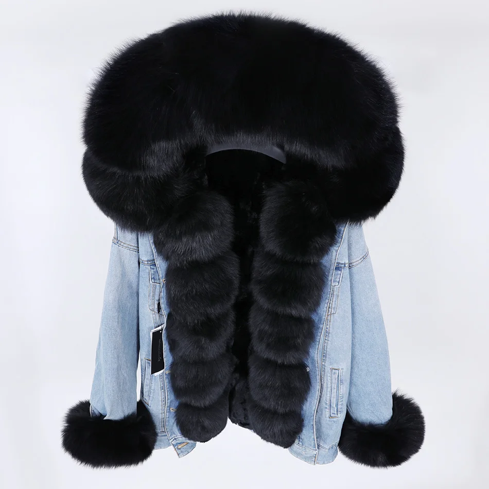MAOMAOKONG vinter denim jakke med stor pels krave lavet af naturlige fox fur, løs, stilfuld, varm og flytbare kanin pels lini 3
