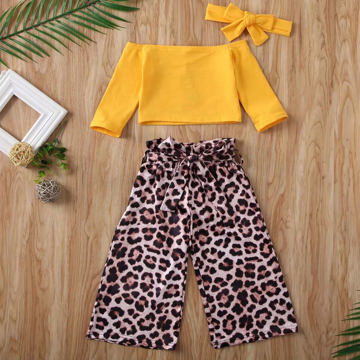 Pudcoco Toddler Baby Pige Tøj Solid Farve Off Skulder Crop Tops Leopard Print Lange Bukser Hovedbøjle 3stk Tøj Tøj 3