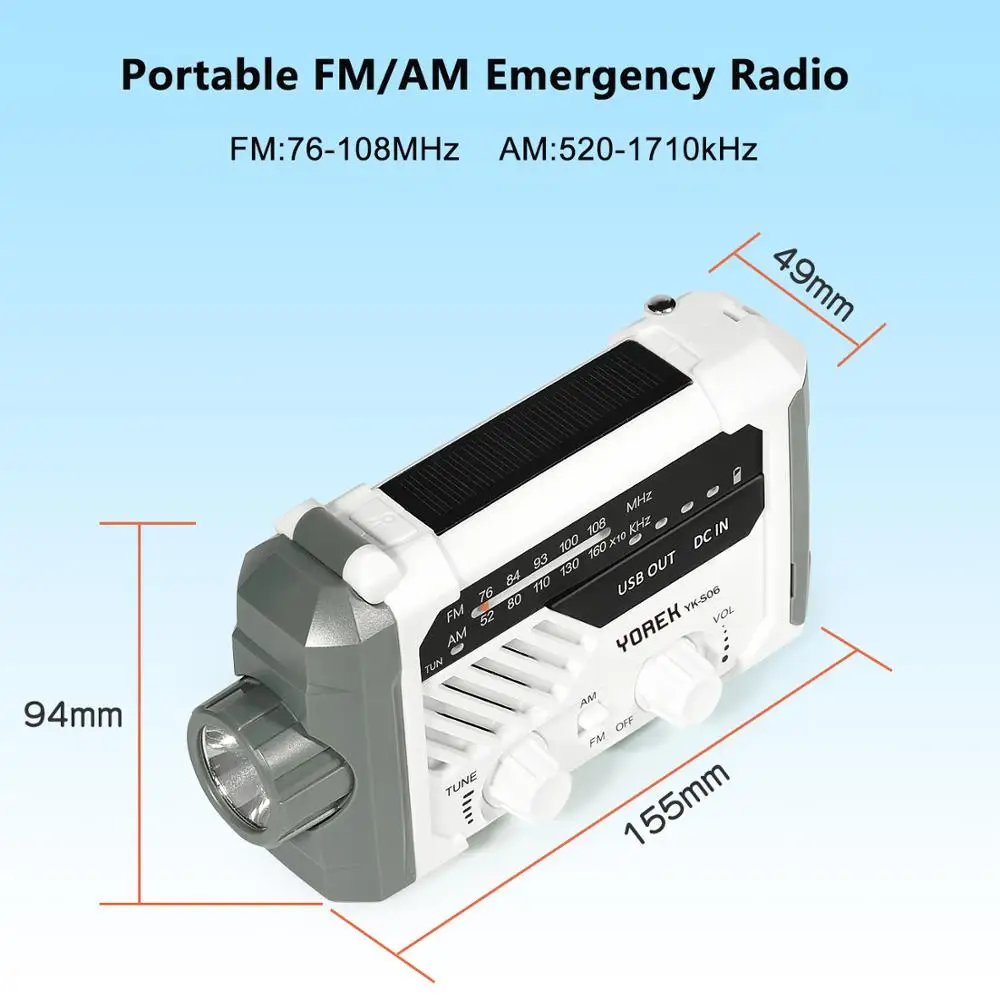 Yorek Nødsituation, AM FM-Radio, Håndsving batteridrevet Sol-Radio med LED Lommelygte, bordlampe,2000mAh Oplader,SOS Alarm 3