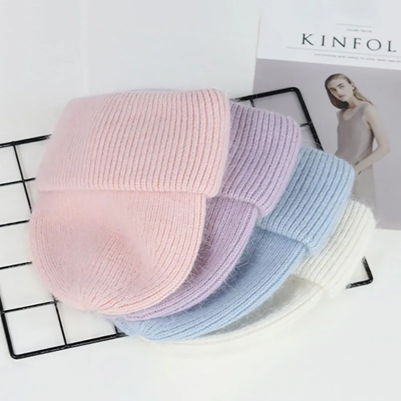 OMEA Angora Kanin Pels Hat Kvinder Huer Kvindelige Solid Ulden Hætte Strikket Vinter Tilbehør Engros Huer Bomuld Hat 3